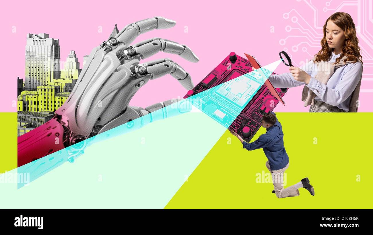 Junge Menschen, die an der Entwicklung technischer Unterstützung für die Projektentwicklung arbeiten. Zeitgenössische Kunstcollage. Stockfoto