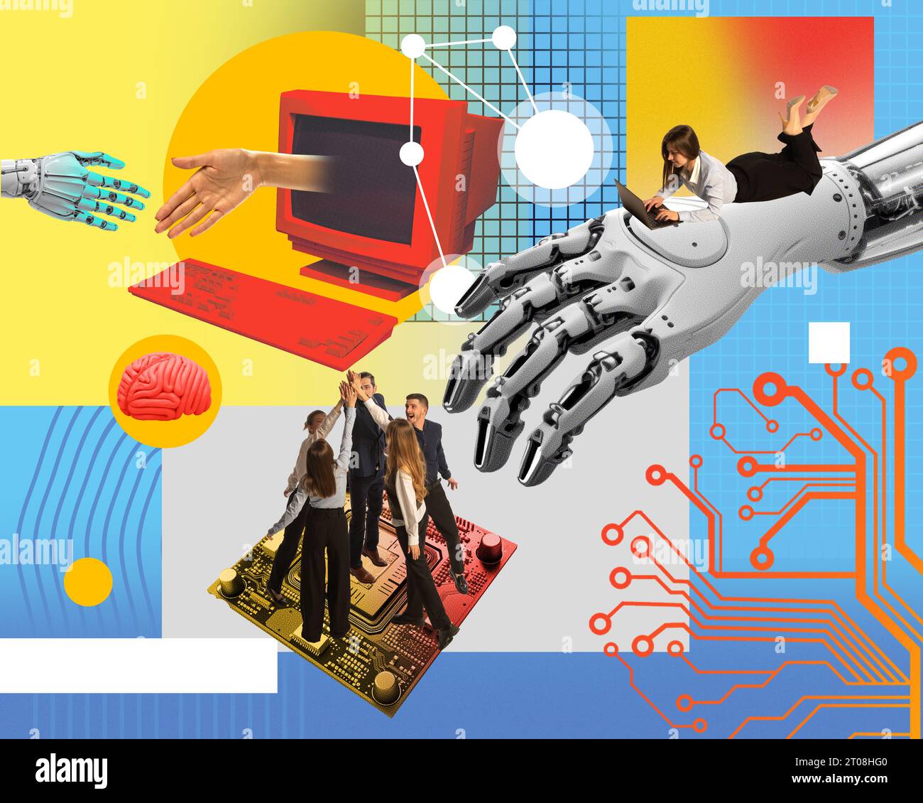 Junge Menschen, Arbeitnehmer, die an der Schaffung von Netzdiensten und der Softwareentwicklung arbeiten. Zeitgenössische Kunstcollage. Stockfoto