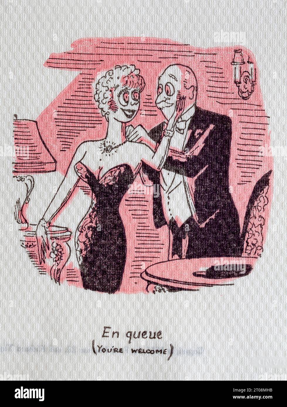 1950er Jahre Cartoon Serviette - französischer Witz - EN Queue - Sie sind willkommen Stockfoto