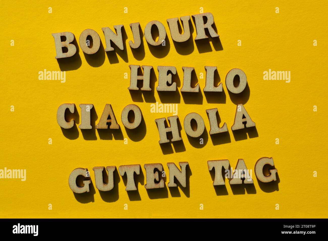 Hallo, Wort in verschiedenen europäischen Sprachen, darunter Französisch, Englisch Italienisch, Spanisch und Deutsch Stockfoto