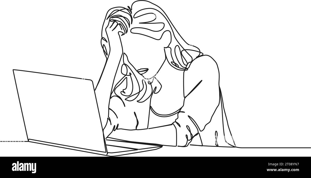 Kontinuierliche Einzeilenzeichnung einer gestressten und frustrierten Frau mit Laptop-Computer, Zeilengrafik-Vektor-Illustration Stock Vektor