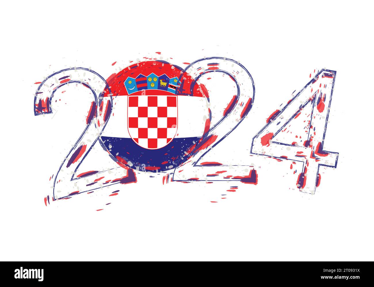 2024 Jahre im Grunge-Stil mit der Flagge Kroatiens. Vektorillustration für Feiertagsgrunge. Stock Vektor