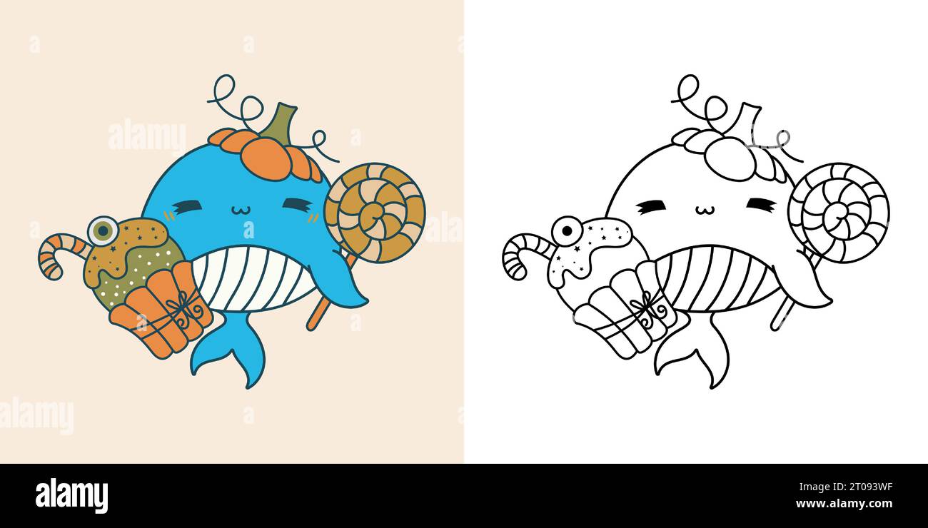 Set Halloween Whale, mehrfarbig und schwarz-weiß. Stock Vektor