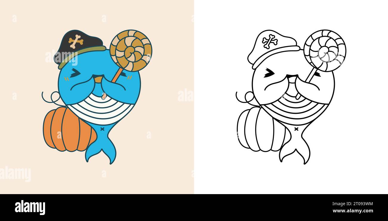 Kawaii Halloween Whale Clipart, mehrfarbig und schwarz und weiß Stock Vektor