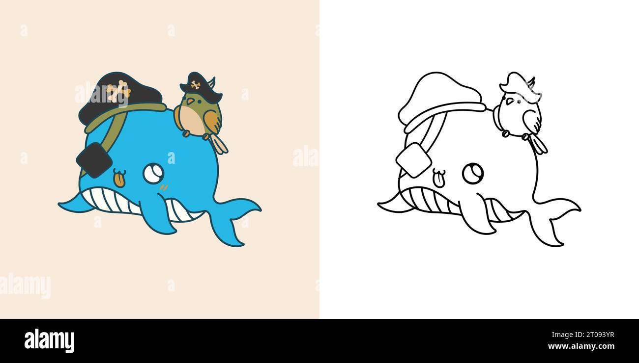 Setze Clipart Halloween Whale Coloring Page und farbige Illustration Stock Vektor