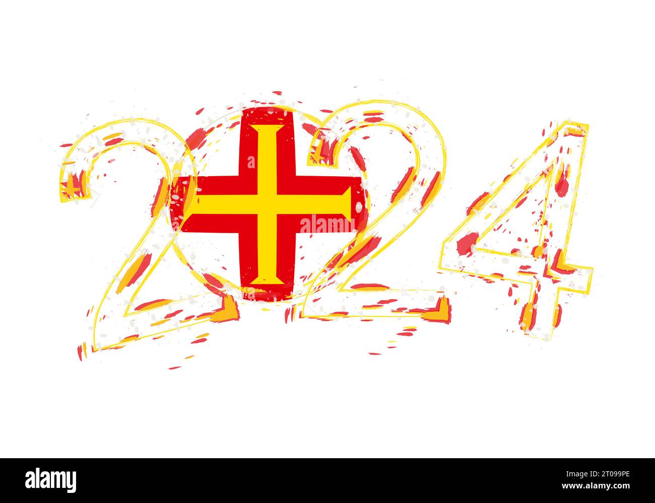 2024 Jahre im Grunge-Stil mit der Flagge von Guernsey. Vektorillustration für Feiertagsgrunge. Stock Vektor