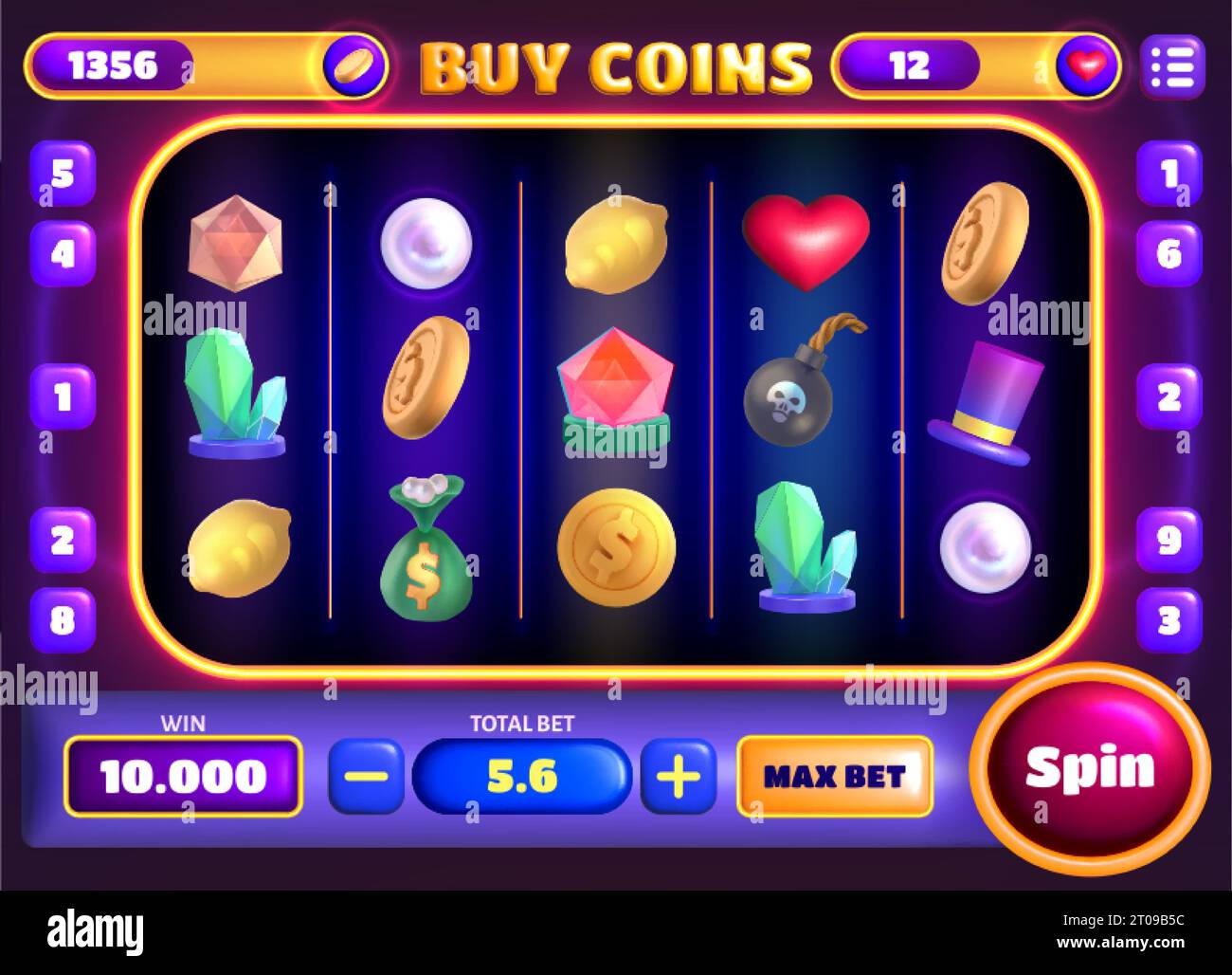 Casino Slots Gameplay Hauptbildschirm. Symbole, Zeichentrickelemente oder Schaltflächen für Glücksspiele. Entwerfen Sie Elemente, Assets und Glückssymbole für die mobile Glücksspielanwendung oder den Vektor von Spielautomaten. Stock Vektor