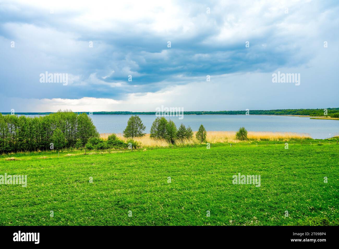 Blick auf den Grimnitzsee bei Barnim, Joachimsthal. Landschaft am See mit der umliegenden Natur. Stockfoto