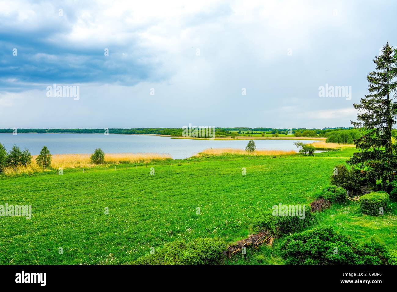 Blick auf den Grimnitzsee bei Barnim, Joachimsthal. Landschaft am See mit der umliegenden Natur. Stockfoto