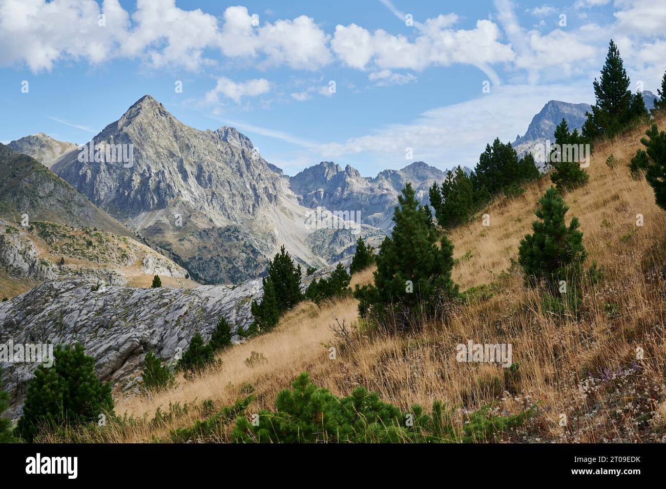 Von oben aus der raue Felswand des Gebirges Pena Foratata bedeckt mit Gras, der sich vor blauem Himmel in der Natur der Aragon Pyrenäen in Spanien befindet Stockfoto