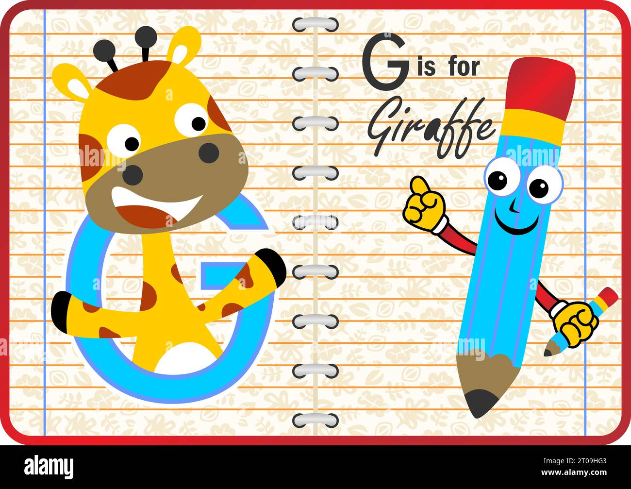 Niedliche Giraffe mit lustigem Bleistift auf Notizbuchhintergrund, Vektor-Karikaturillustration Stock Vektor