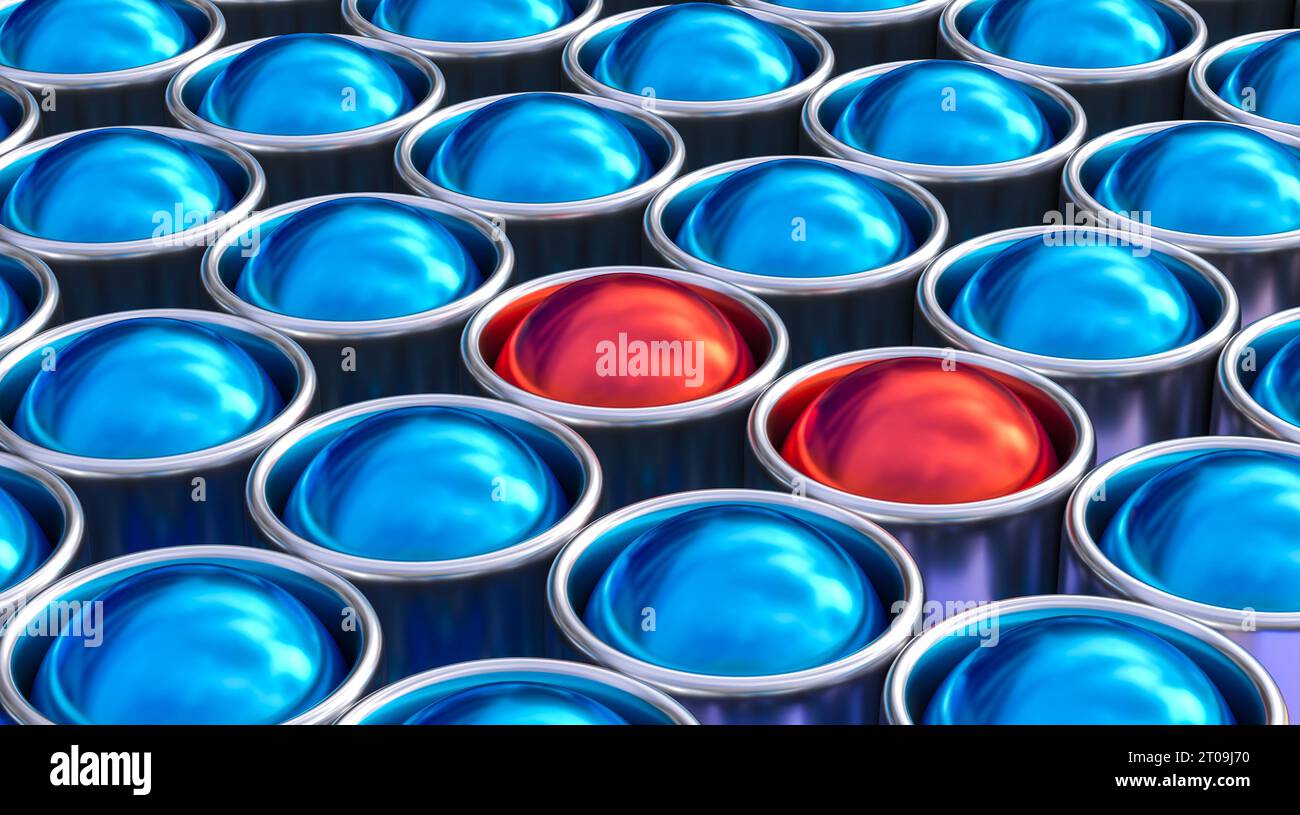 Metallischer Hintergrund mit blauen und roten Kugeln und Zylindern. 3D-Rendering Stockfoto