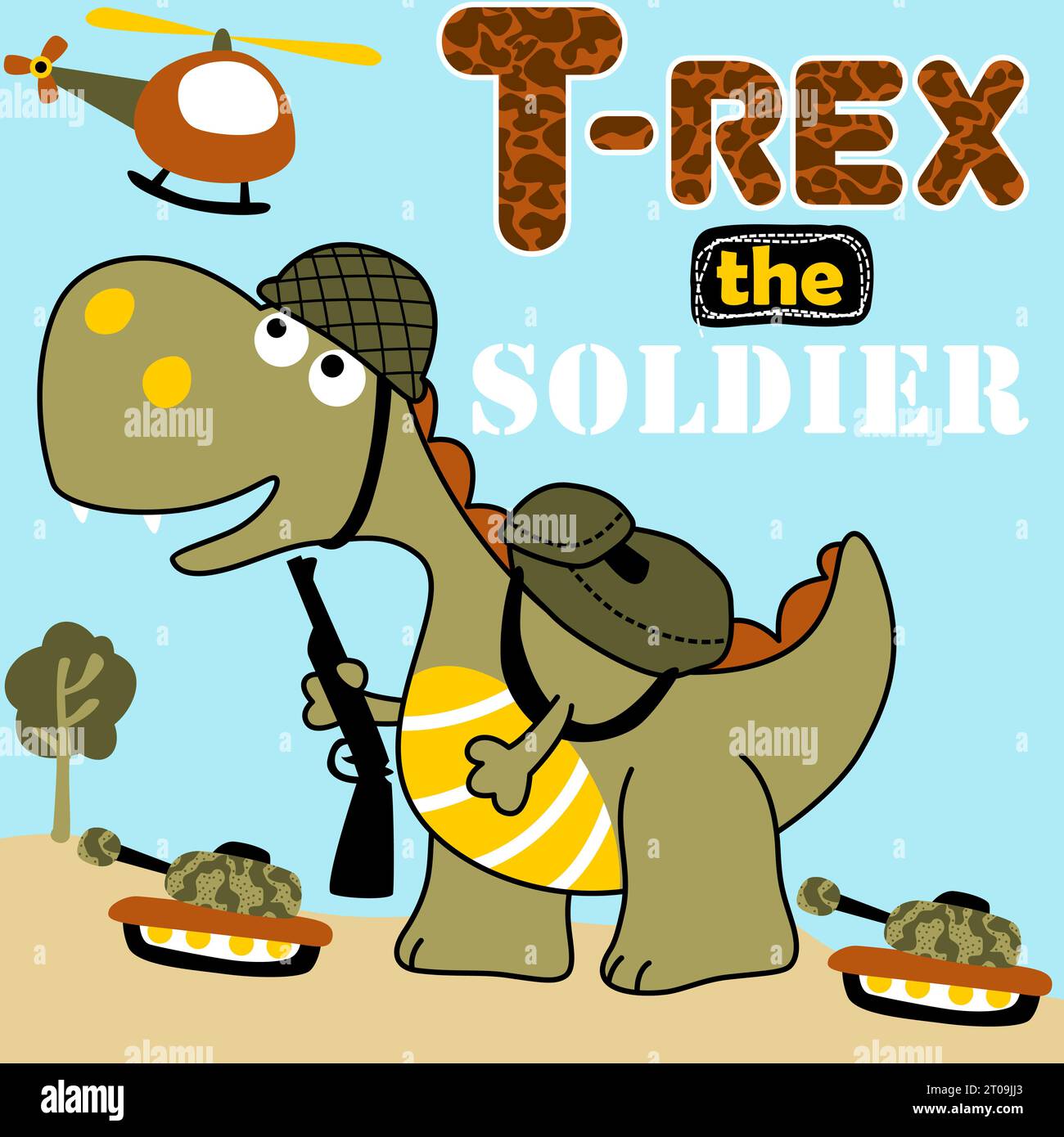 Lustiger Dinosaurier in militärischen Accessoires mit gepanzerten Fahrzeugen Spielzeug, Vektor-Karikaturillustration Stock Vektor