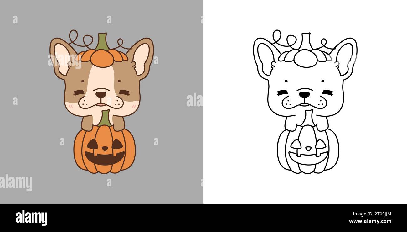 Kawaii Clipart Halloween Französisch Bulldog Hund Illustration und für Ausmalseite. Stock Vektor