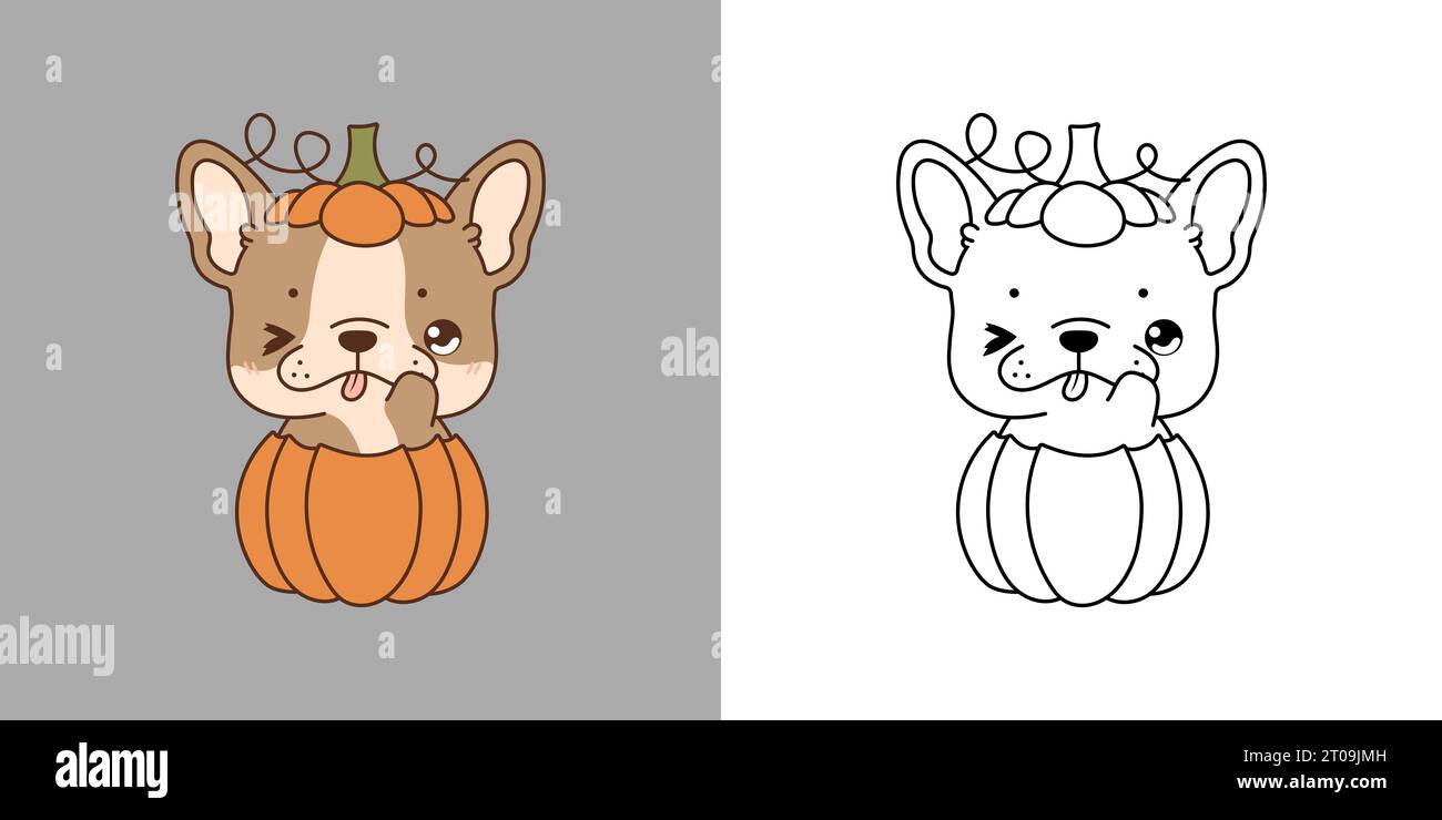 Niedliche Halloween Französisch Bulldog Hund Clipart Illustration und Schwarz und weiß. Stock Vektor