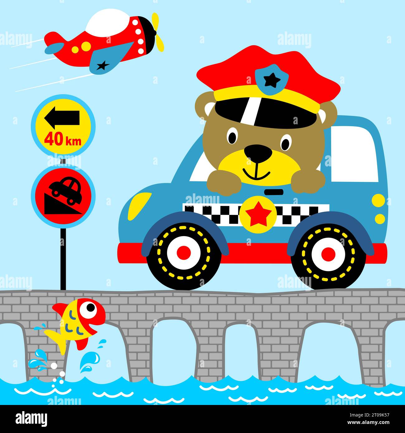 Lustiger Bär Polizeiauto mit Straßenschild auf der Brücke, Flugzeug abheben, kleine Fische springen aus dem Wasser, Vektor-Karikaturillustration Stock Vektor