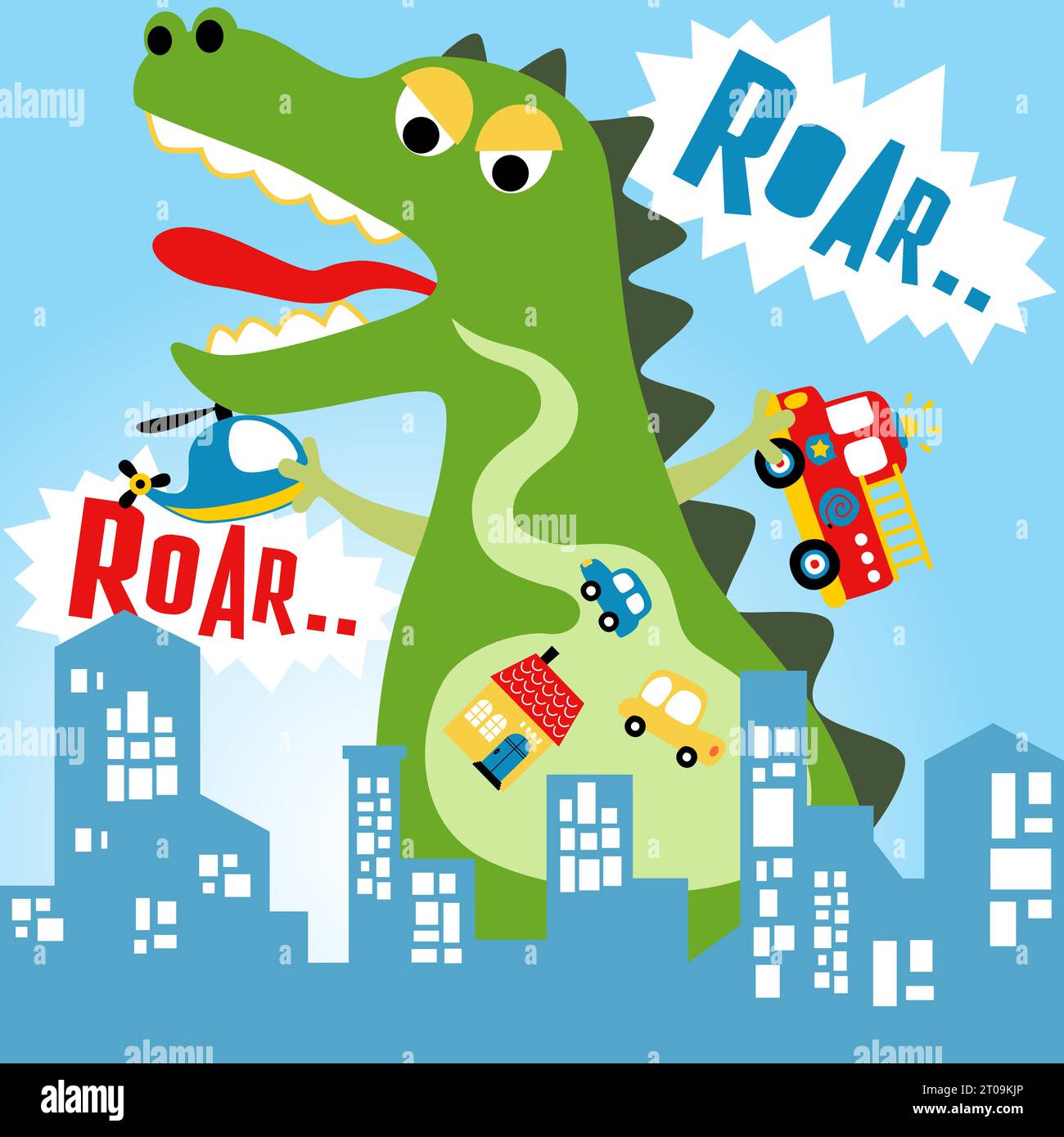 Riesige Monster attackieren Stadt, Vektor-Zeichentrick Illustration Stock Vektor