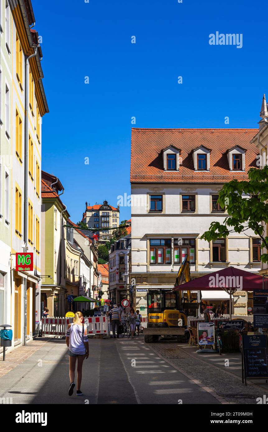 Lebhafte Straßenszene, historische Altstadt von Pirna, Sächsische Schweiz, Sachsen, Deutschland, 24. August, 2016, nur für redaktionelle Zwecke. Stockfoto