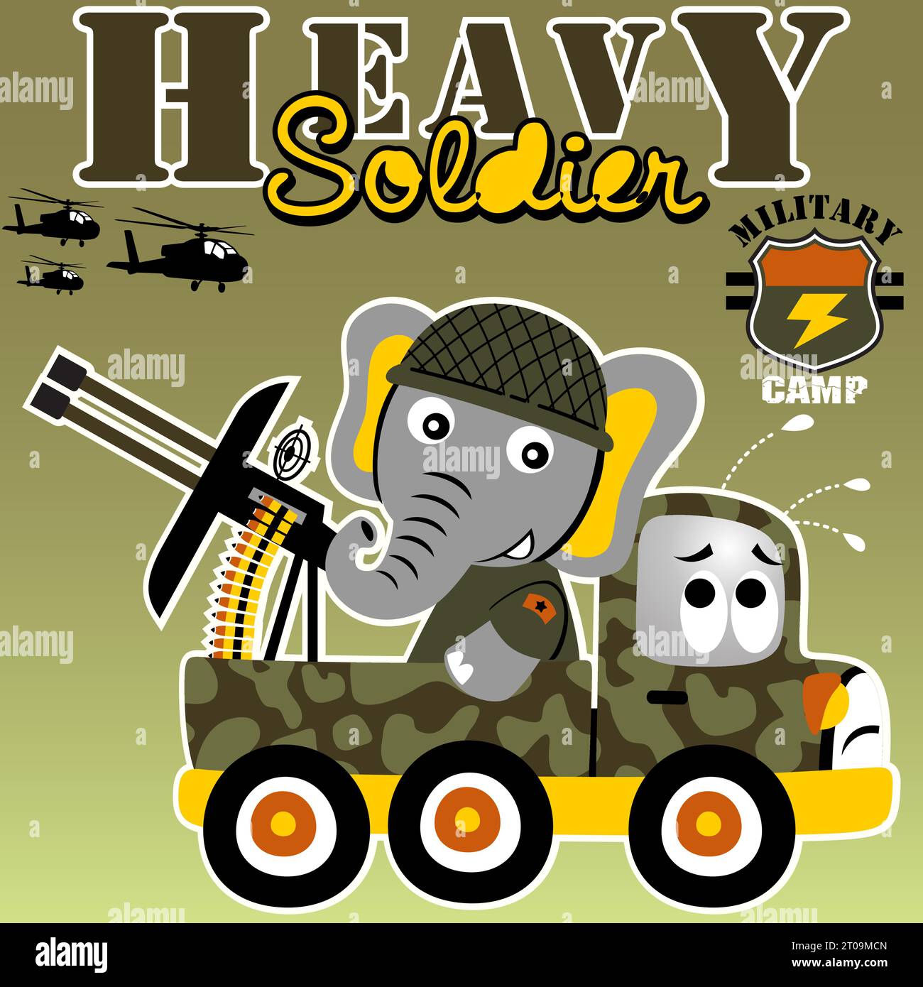 Lustiger Elefant mit Pistole auf Militärwagen, militärische Elemente, Vektor-Zeichentrickillustration Stock Vektor