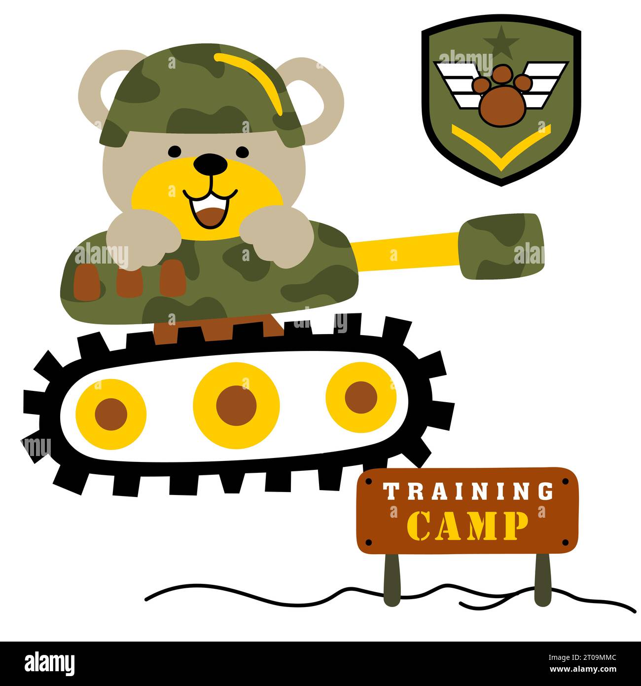 Niedlicher Bär, der Soldatenhelm auf gepanzertem Fahrzeug mit militärischen Elementen trägt, Vektor-Karikaturillustration Stock Vektor