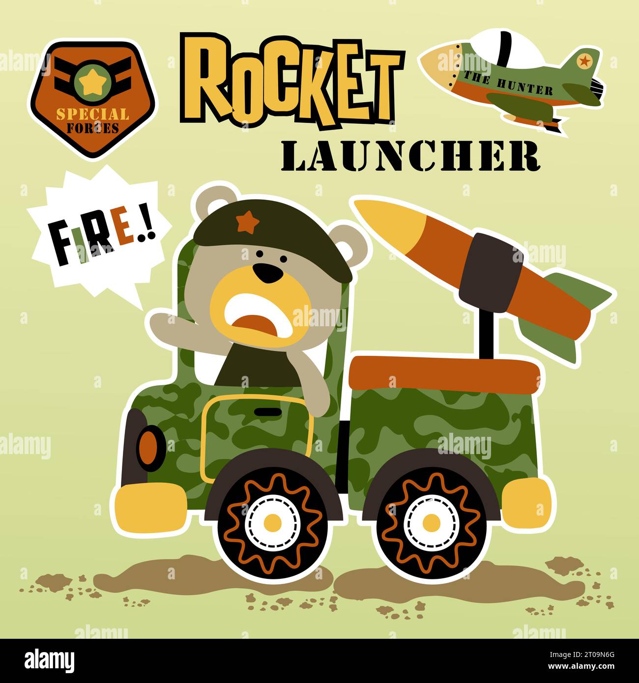 Lustiger Bär auf Militärwagen mit Kampfjet, Vektor-Karikaturabbildung Stock Vektor