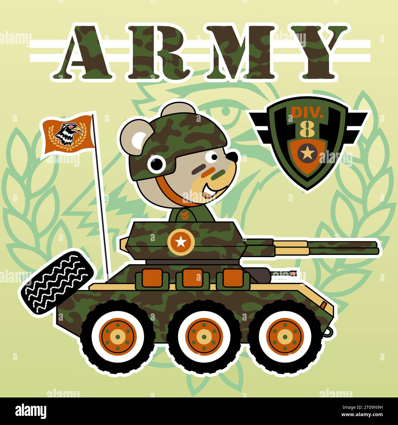 Netter Bär im Soldatenkostüm, der gepanzertes Fahrzeug fährt, Vektor-Karikaturillustration Stock Vektor