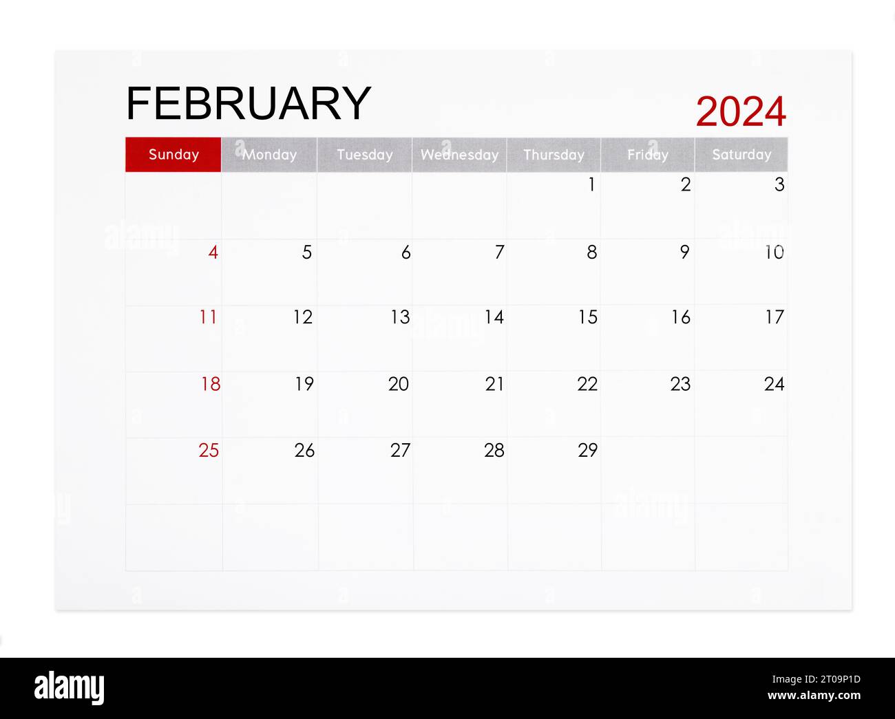 Februar 2024 monatliche Kalenderseite isoliert auf weißem Hintergrund, gespeicherter Beschneidungspfad. Stockfoto