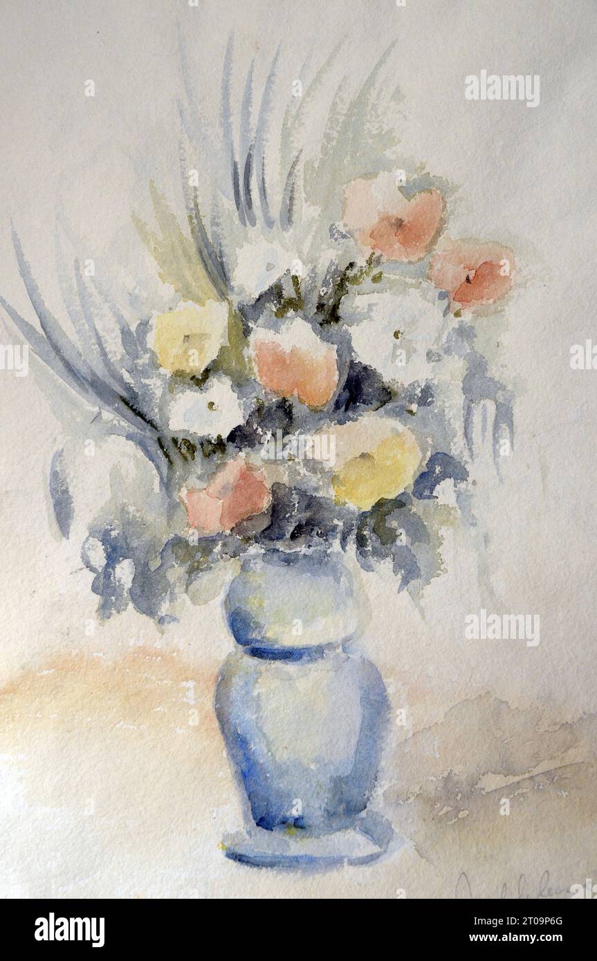Aquarell, Vase mit Blumen, Aquarellvase mit Blumen, Pastellfarben, Blumen, Freizeit, Erholung, Kunst, Zeichnung, Dekoration, Deko, Farbe Stockfoto