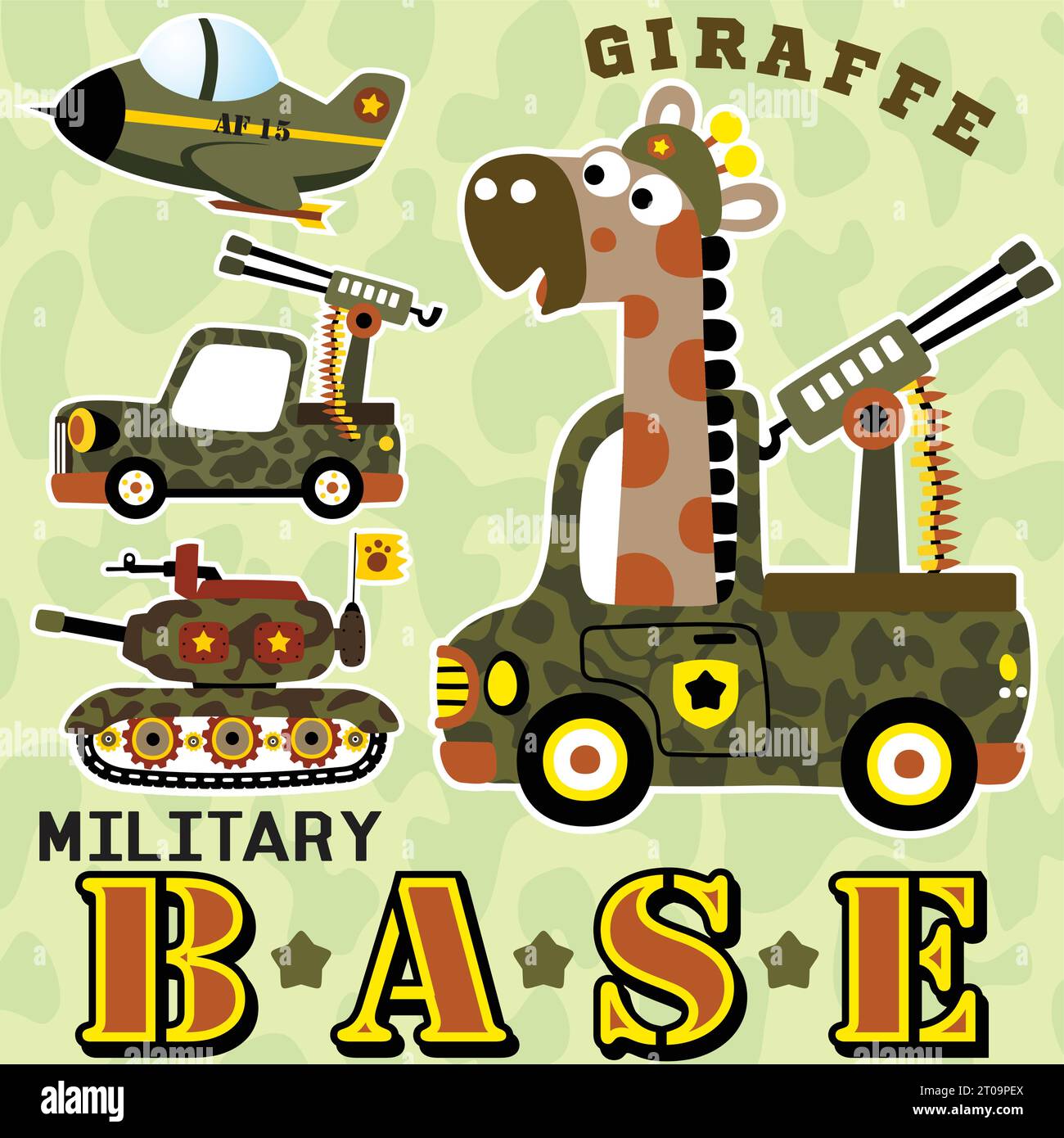 Lustige Giraffe auf Militärfahrzeug, Militärfahrzeuge auf Tarnhintergrund, Vektor-Zeichentrickillustration Stock Vektor