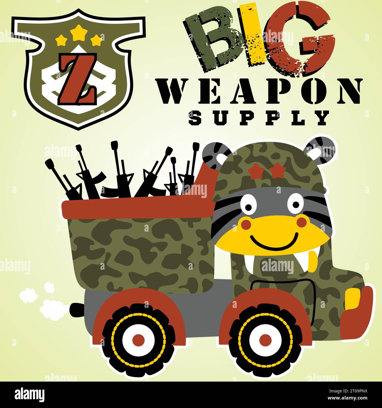 Nettes Zebra, das Militärfahrzeug mit Waffen, militärischem Element, Vektor-Zeichentrickillustration fährt Stock Vektor