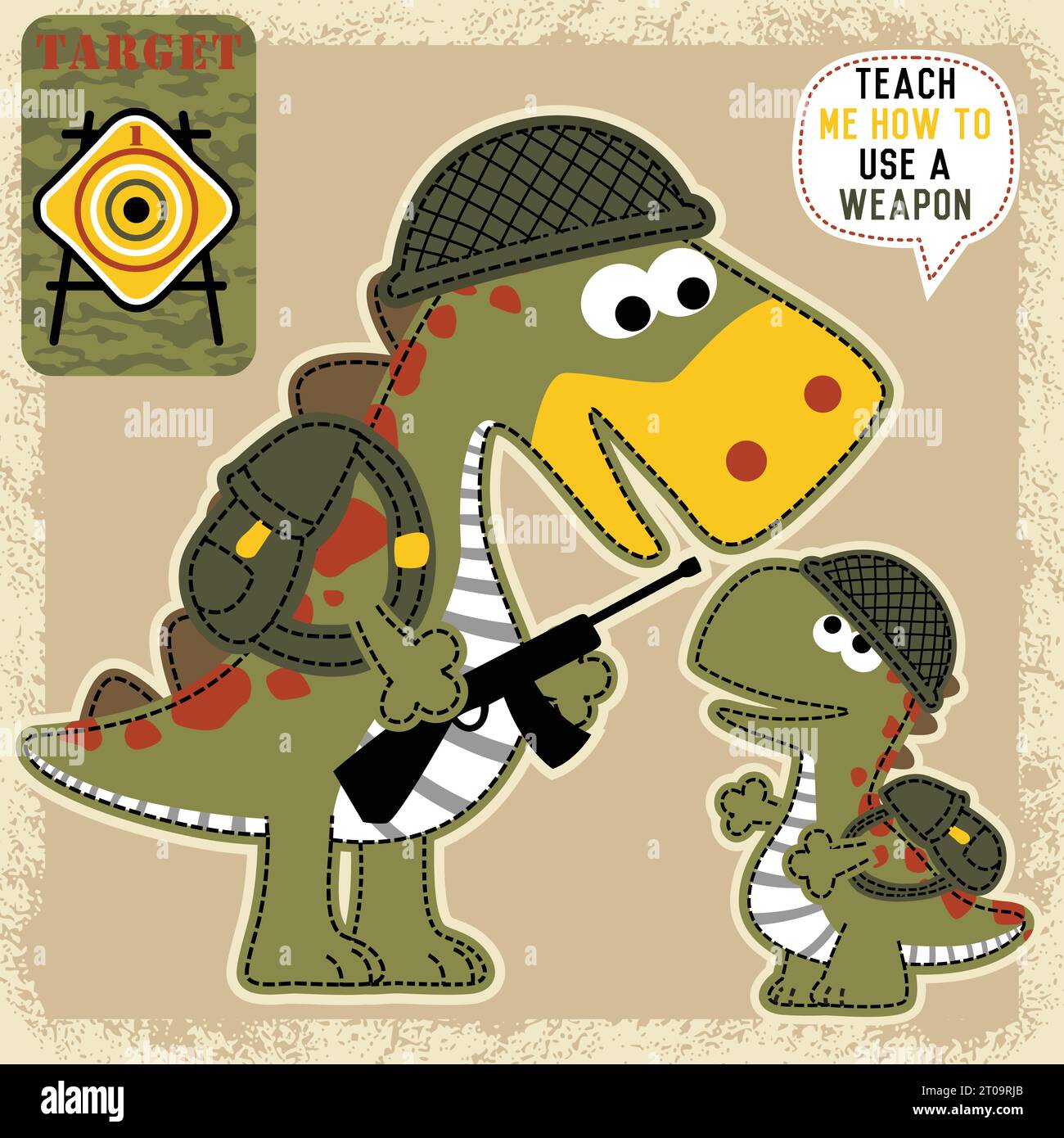 Lustige Dinosaurier im Soldatenkostüm, Vektor-Karikaturillustration Stock Vektor