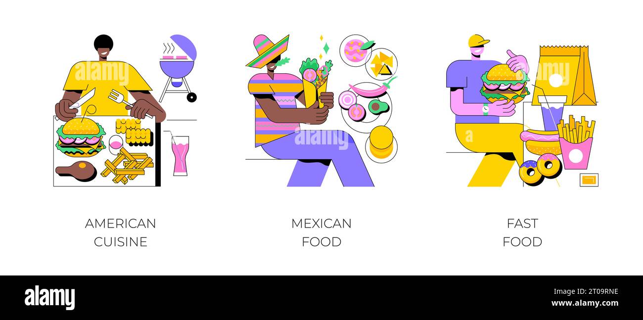 National Cuisine abstraktes Konzept Vektor Illustration Set. Amerikanische Küche, mexikanische und Fast Food, Grillplatte, Burrito Rezept, Restaurantkette, Snack-Menü, Abstrakte Metapher für Essen zum Mitnehmen. Stock Vektor