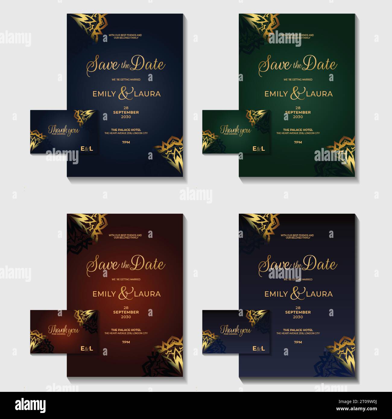 Elegante luxuriöse königliche Hochzeitseinladungskarte orientalische Set-Kollektion illustrierte Mega Bundle goldene Elemente geometrisches Design Farbvarianten Flyer c Stock Vektor