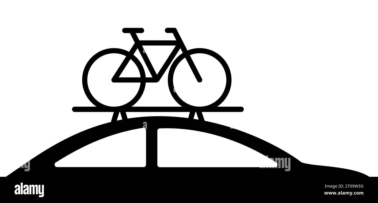 Cartoon-Auto-Seitenansicht und Fahrrad. Radfahrer oder Radfahrer mit dem Auto in den Urlaub. Urlaub Sport Zeit. Auto mit Fahrrad auf dem Dachträger. Für Touristen auf dem Roa Stockfoto