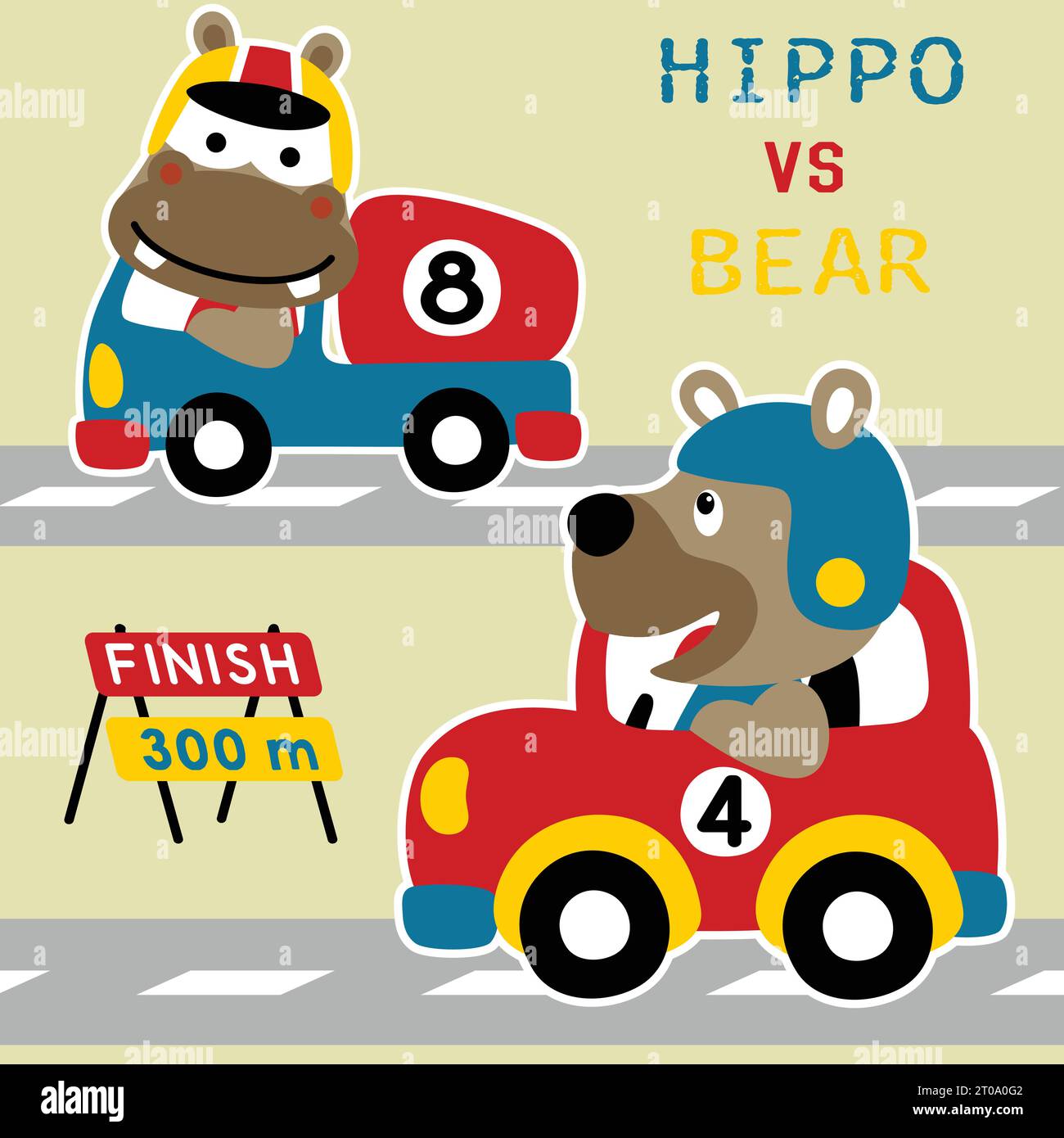 Niedlicher Bär und Nilpferd auf Rennwagen, Vektor-Zeichentrickillustration Stock Vektor
