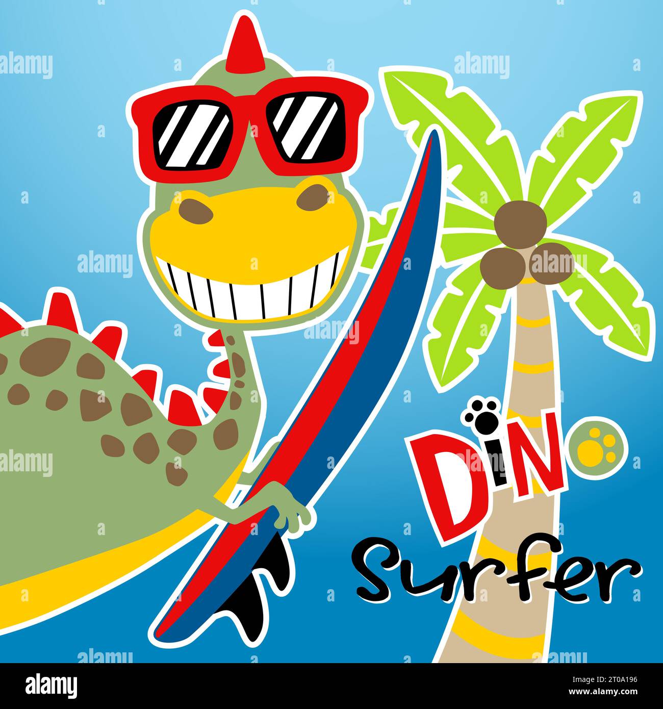 Vektor-Cartoon des Dinosauriers, der eine Sonnenbrille trägt und Surfbrett mit Palme hält Stock Vektor