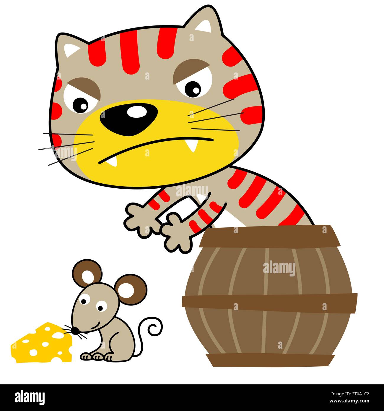 Vektor-Cartoon von Katze auf Holzfässern versuchen, Mäuse zu fangen Stock Vektor