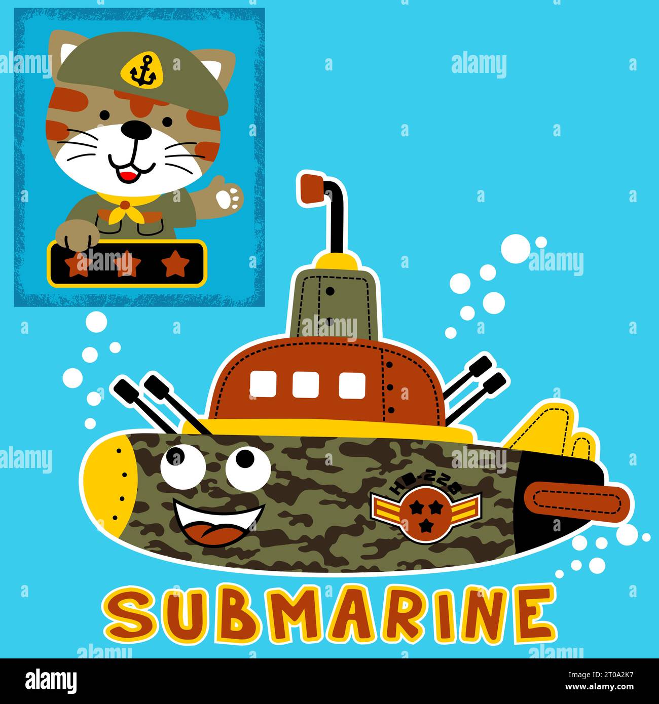 Vektor-Cartoon des militärischen U-Bootes mit süßem Tiger im Soldatenkostüm Stock Vektor