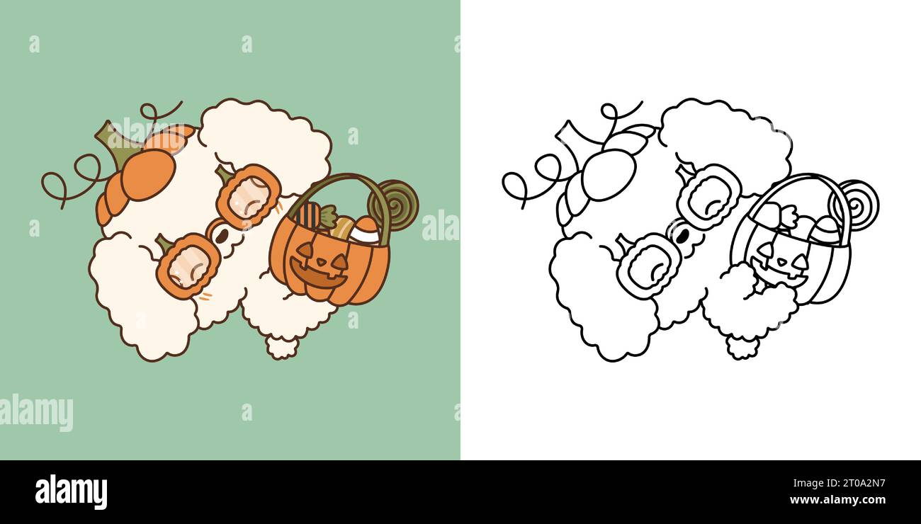 Niedliche Halloween Pudel Hund Illustration und für Ausmalseite. Cartoon Clip Art Halloween Hund. Stock Vektor