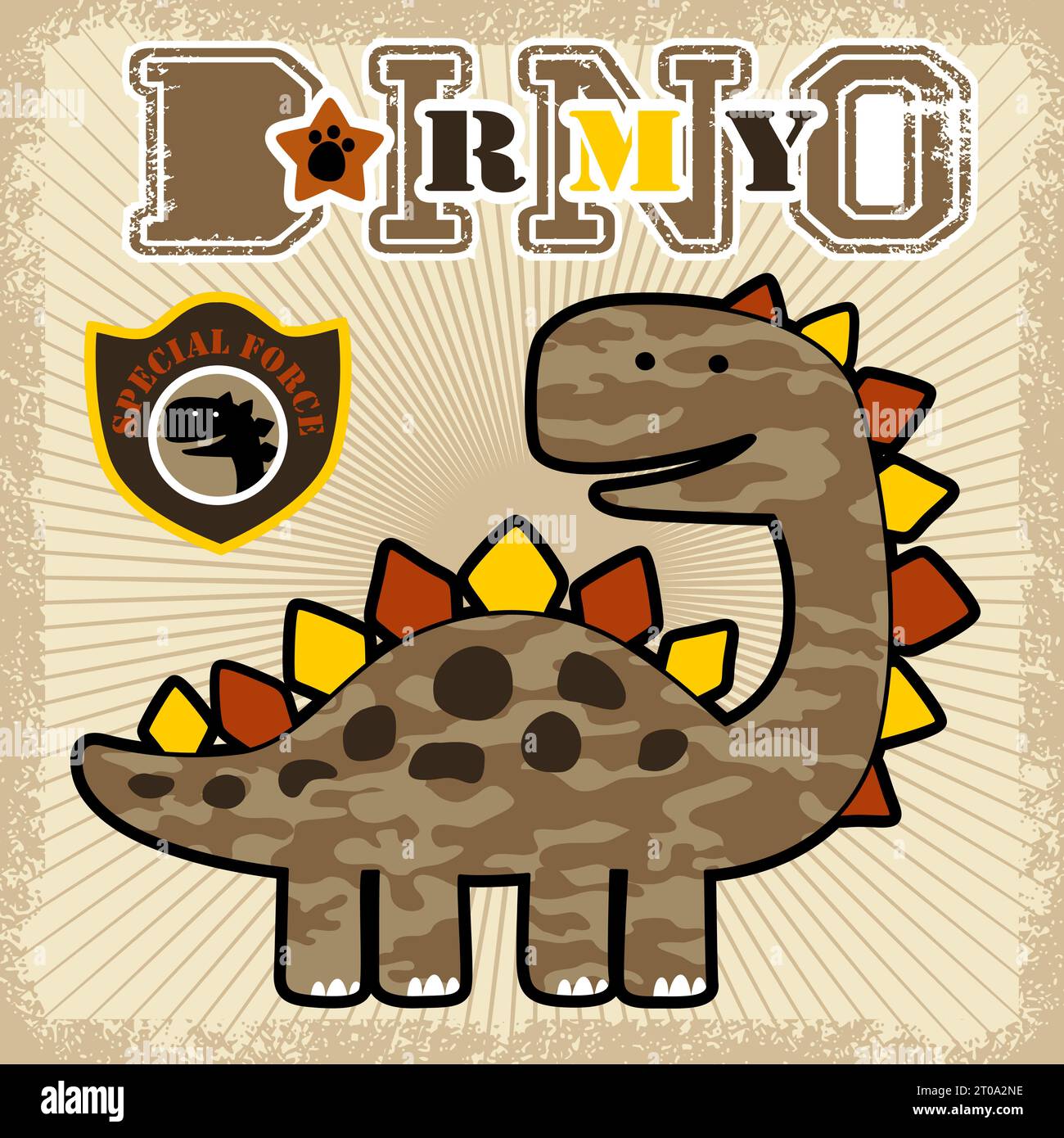 Vektor-Cartoon der Tarnung der Dinosaurier Armee mit militärischen Elementen auf Grunge Rahmengrenze Stock Vektor