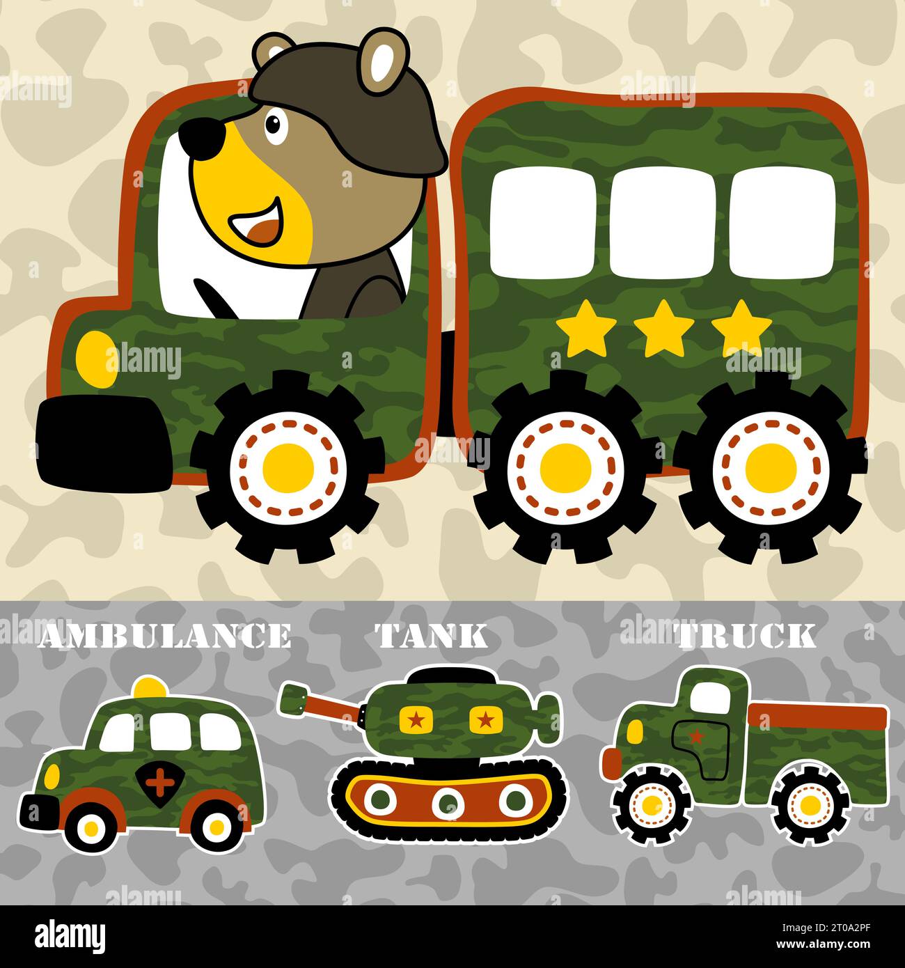 Vektor-Cartoon von Bärenantrieb Militärfahrzeug mit gepanzerten Fahrzeugen Stock Vektor
