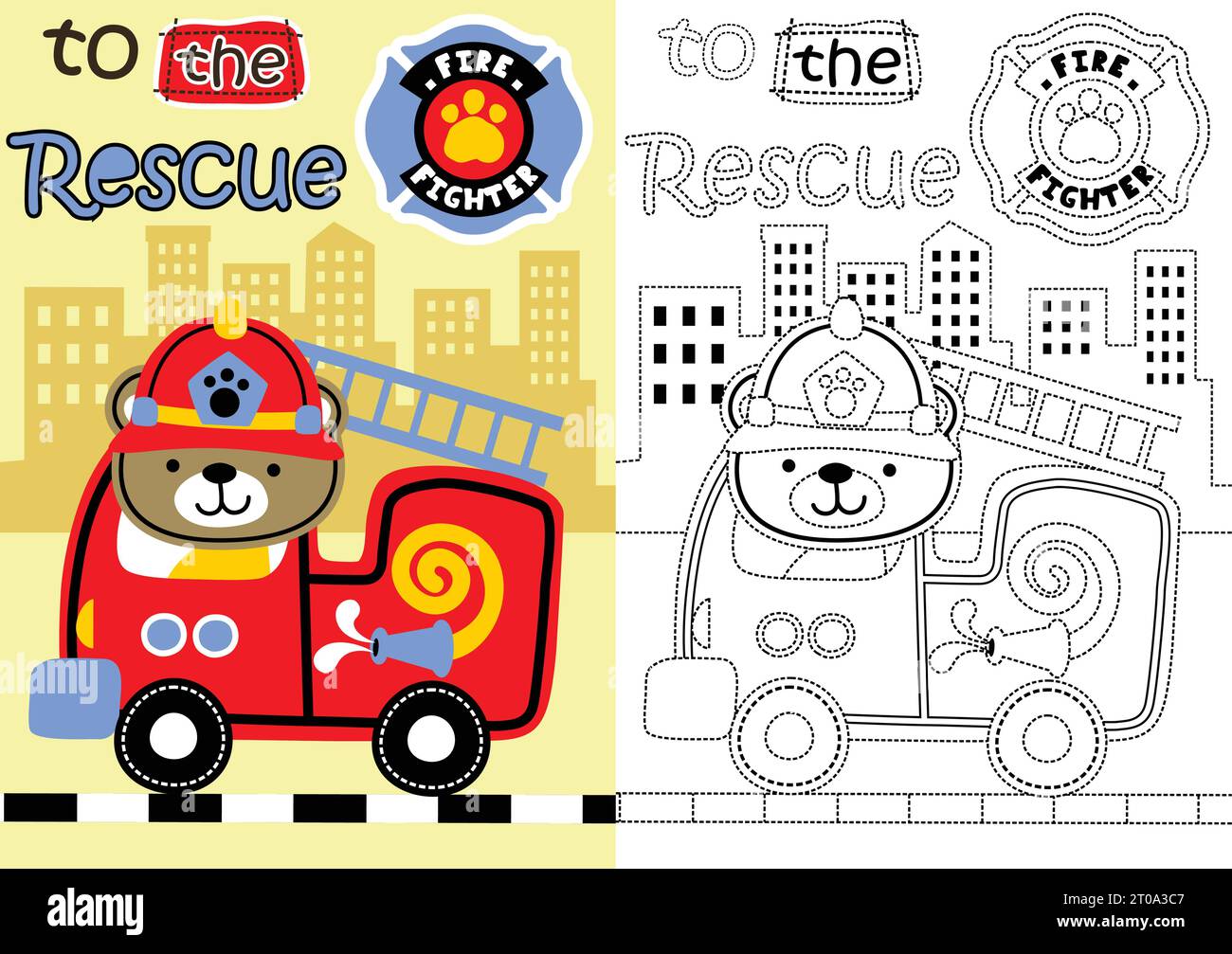 Vektor-Cartoon des niedlichen Bären, der Feuerwehrauto fährt, Malbuch oder Seite Stock Vektor