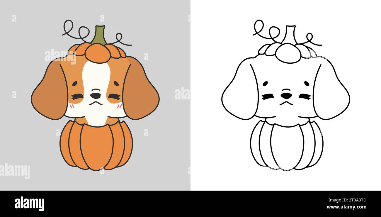 Cartoon Halloween Beagle Dog Clipart für Malseite und Illustration. Happy Art Halloween Hündchen. Stock Vektor