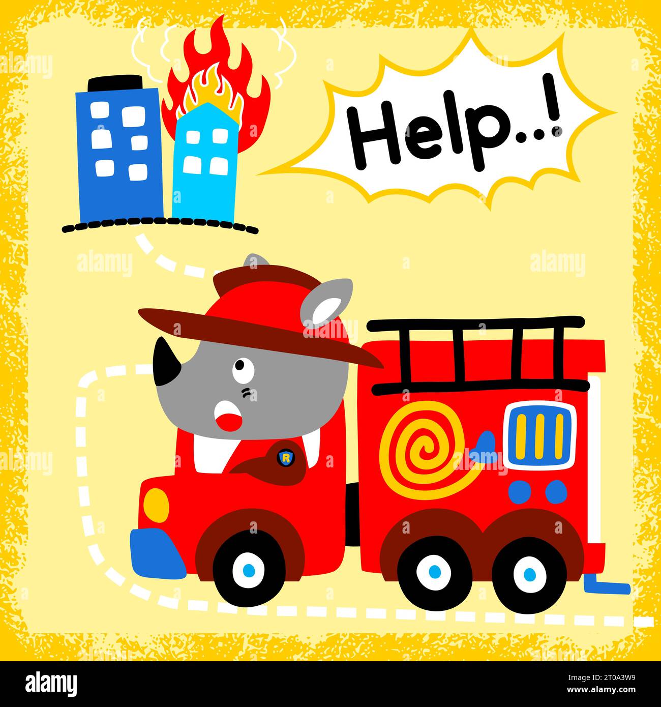 Vektor-Cartoon von niedlichem Nashorn auf Feuerwehrauto mit brennenden Gebäuden Stock Vektor