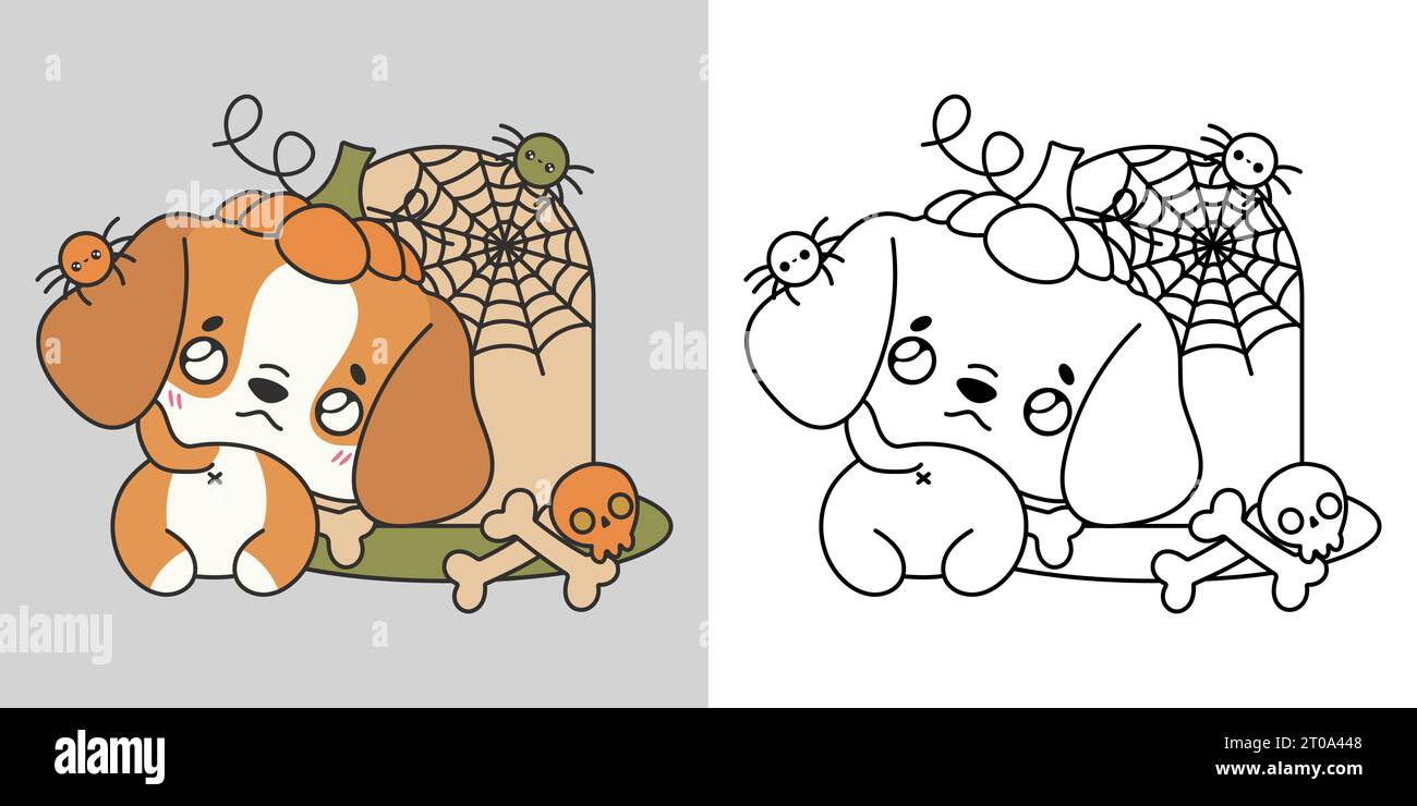 Niedliche Halloween Beagle Dog Illustration und für Ausmalseite. Cartoon Clip Art Halloween Hund. Stock Vektor