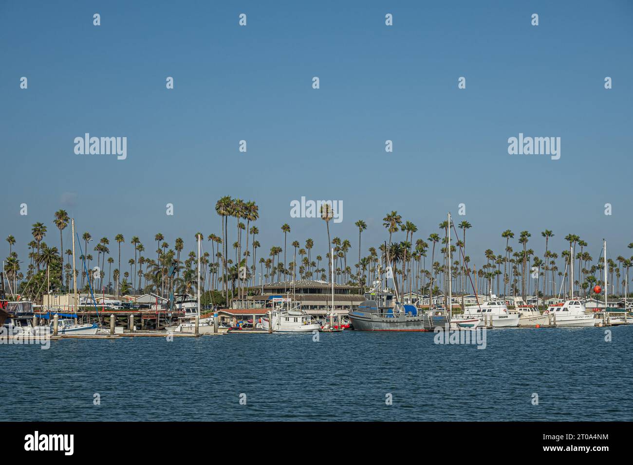 Ventura, CA, USA - 14. September 2023: TowboatUS-Unternehmen und Boote auf der Nordseite des Hafens. Gürtel mit grünen Palmen, Gebäuden und weißen Booten auf blu Stockfoto
