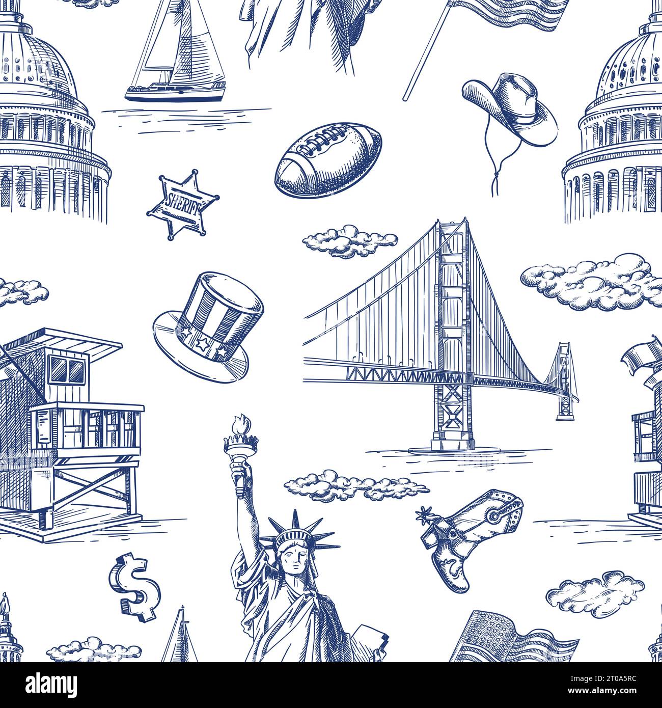 Nahtloses Muster für die USA. Vektorgrafik von Hand gezeichnet. Nationalsymbole der Vereinigten Staaten von Amerika auf weißem Hintergrund. Reisen und Touri Stock Vektor