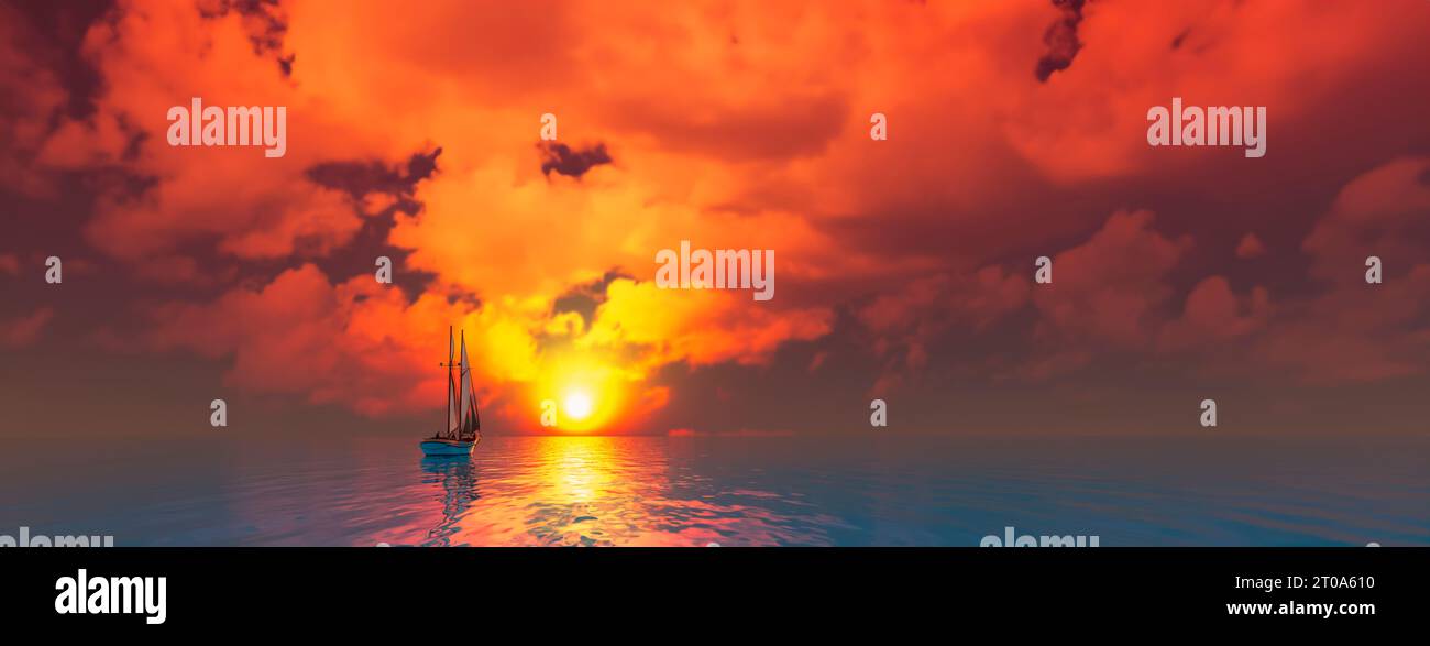 3D-Darstellung eines ruhigen Sonnenuntergangs über ruhigem Wasser, der auf die untergehende Sonne zusteuert. Horizont in tieforange Tönen, ein digitales Meisterwerk. Stockfoto