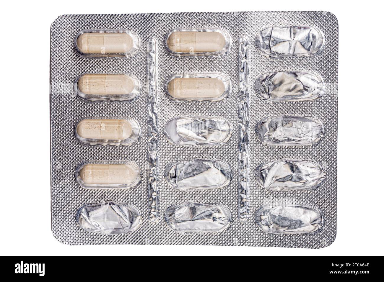 Die Tabletten sind in Blisterpackungen leer. Leere silberne Blisterpackung. Gebrauchte Blistertabletten. Leere Blisterpackung aus Arzneimitteln. Hochwertige Fotos Stockfoto