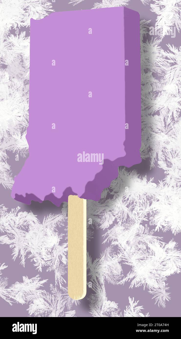 Der Bundesstaat Indiana, USA, erscheint als gefrorenes Eis oder Eis auf einem Stock in einer 3D-Illustration über den Klimawandel. Stockfoto